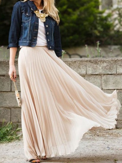 Nude Plain Pleated Ankle Floor Length Straight Fashion Polyester Flowy Maxi Skirt #skirt #fashion #trendypins