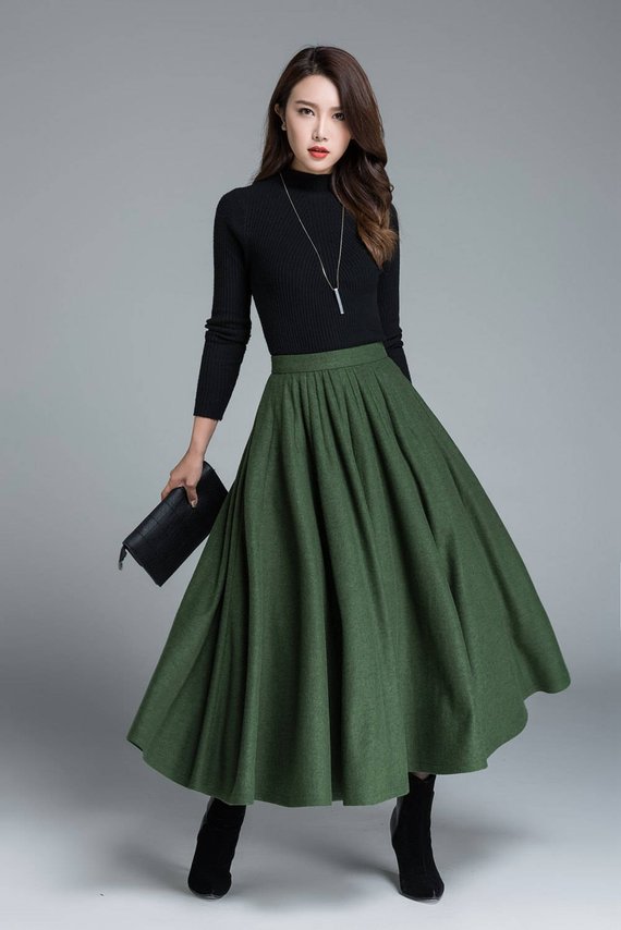 green wool skirt, winter skirt, pleated skirt, full skirt, skirt with pockets, maxi skirt, custom made, womens skirts #skirt #fashion #trendypins