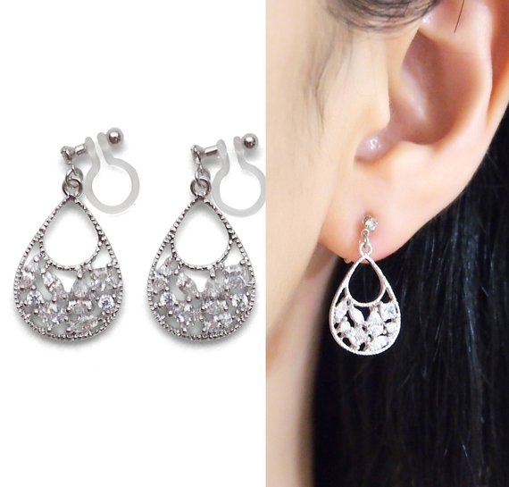 Crystal Invisible Clip On Earrings Dangle. Cubic Zirconia Clip On Earrings Bridal. Silver Filigree Clip Earrings, Non Pierced Earrings #clip earrings #earrings #fashion #trendypins