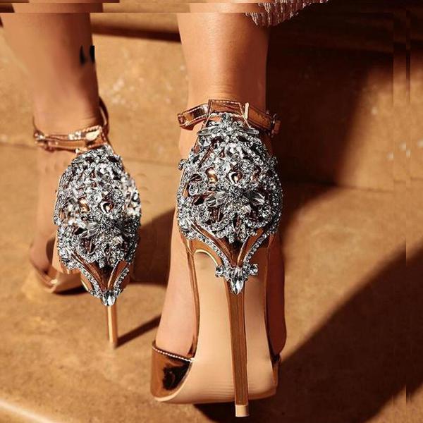 Satin with Ornate Metal and Crystal Embellished Stiletto Heel #heels #fashion #trendypins