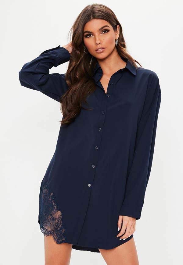 a long sleeve shirt dress featuring in a navy hue with lace trim detail #dress shirt #shirts #fashion #trendypins