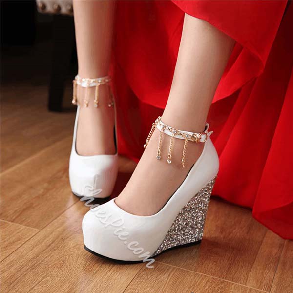 Shoespie Classy Patchwork Jewelled Fringe Wedge Heels #heels #fashion #trendypins