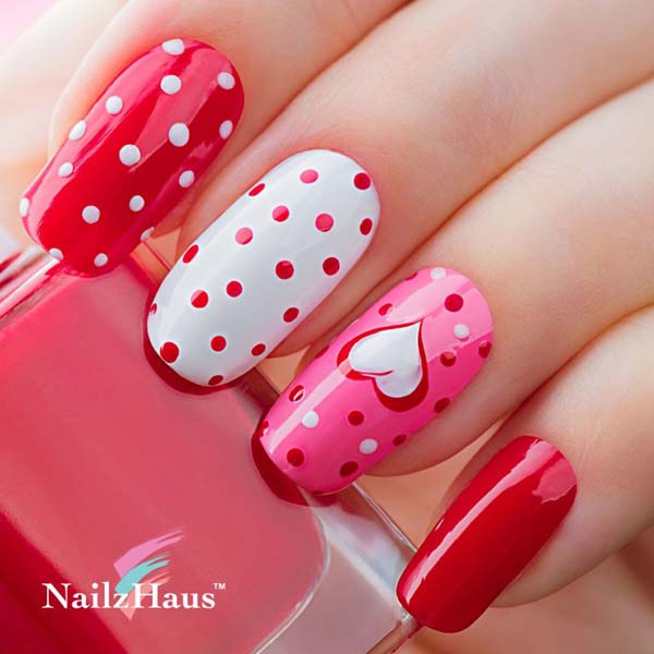 Red and White Polka Dot Nail Art with Heart #beauty #nails #trendypins