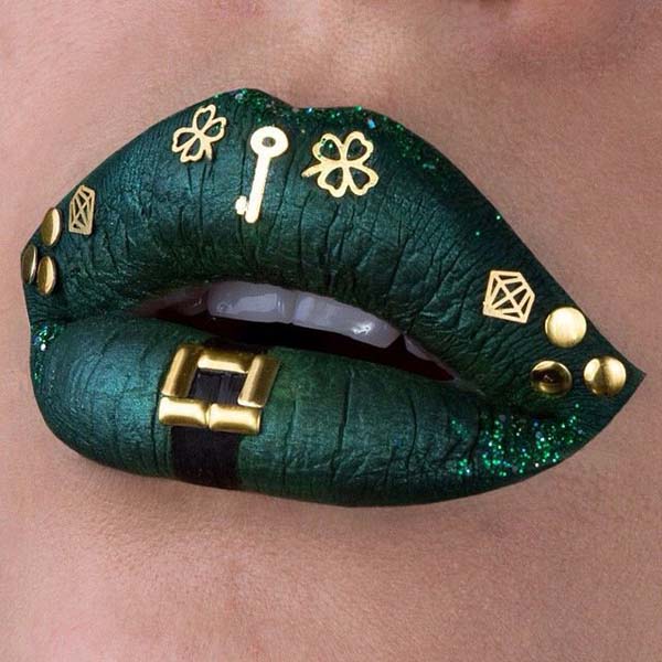 St. Patrick's Day Dark Green With Lucky Symbols #St. Patrick's day lips makeup #beauty #makeup #trendypins