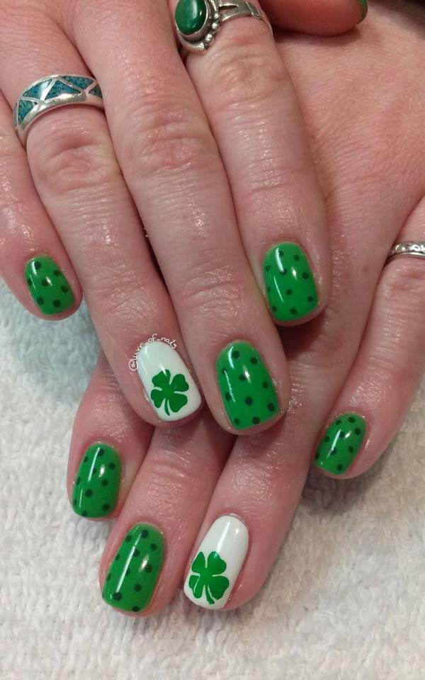 St Patrick's Day nail designs with green cover and polka dots #St. Patrick's Day nails #nails #beauty #trendypins