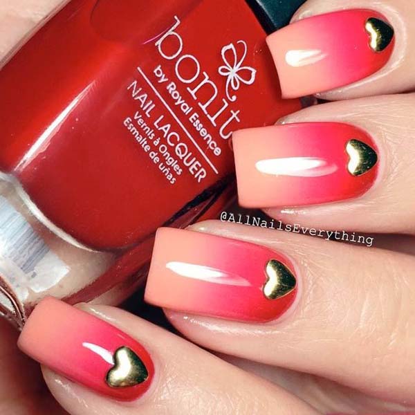 Valentines day nails designs square pink red gold studs hearts #beauty #nails #trendypins