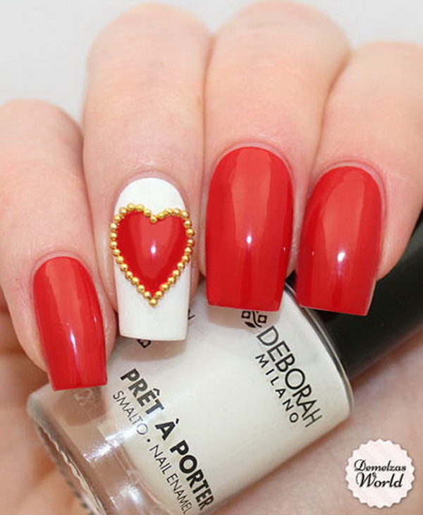 Valentines nail art designs with gold beads #beauty #nails #trendypins