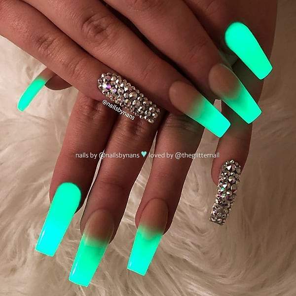 Aqua green nails with crystals - Trendy Pins