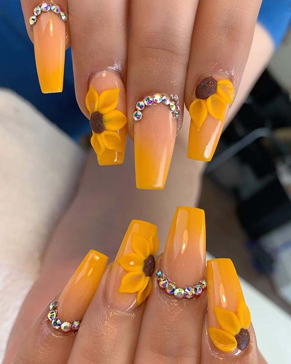Sunflower Nail Design With Rhinestones #nails #beauty #trendypins
