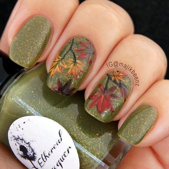 Autumn Leaves Nail Art On Green Nail Polish With Gold Shine #nails #fall nails #beauty #trendypins