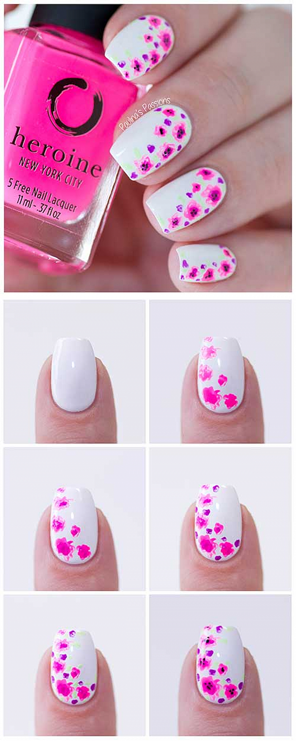 Beautiful White Manicure With Pink and Purple Flowers