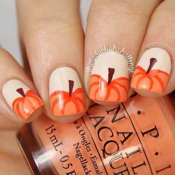 Beige Nails With Orange Pumpkins French Manicure #nails #fall nails #beauty #trendypins