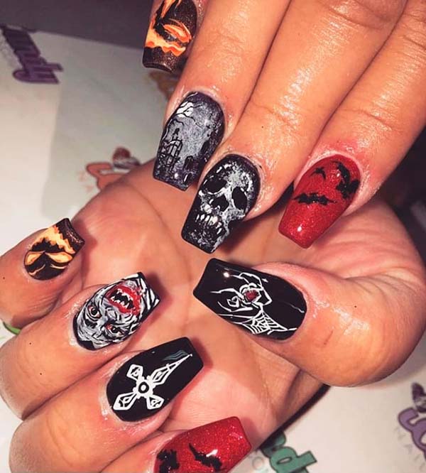 Black Halloween Nails With Skulls - Trendy Pins