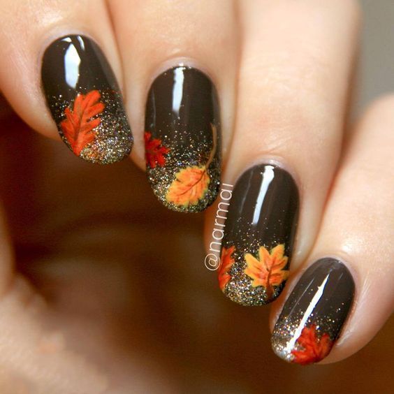 Black Nail Polish On-Base And Fall Leaves French Manicure #nails #fall nails #beauty #trendypins