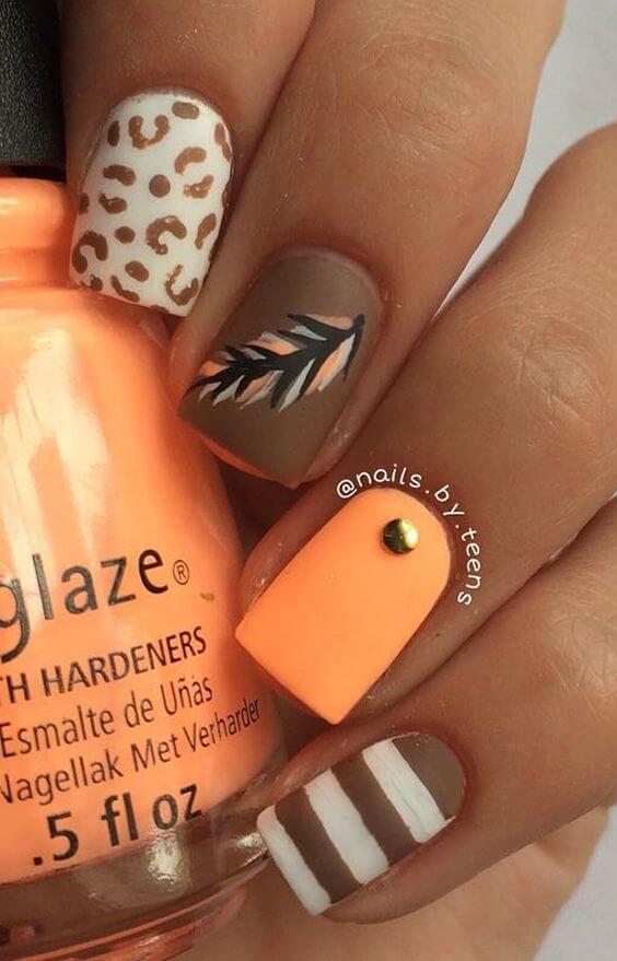 Brown And White Stripes Autumn Leaf And Orange Nail #nails #fall nails #beauty #trendypins