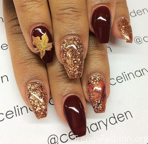 Brown Color And Gold Glitter Fall Nail Design #nails #fall nails #beauty #trendypins