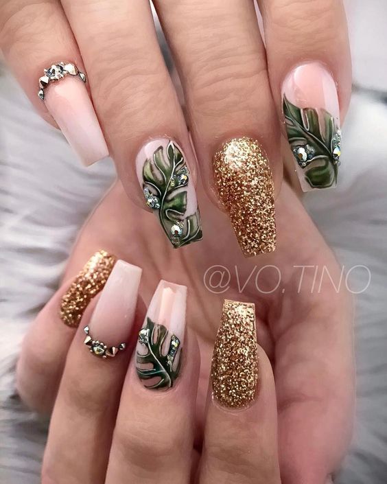 Green Leaves And Gold Glitter #nails #fall nails #beauty #trendypins