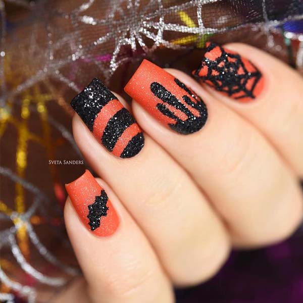 Black and Orange Matte Shining Base Halloween Design #nails #Halloween nails #trendypins