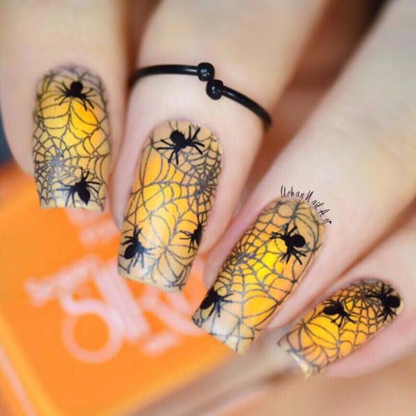 Sunset Spider Web Halloween Nails Art Design #nails #Halloween nails #trendypins