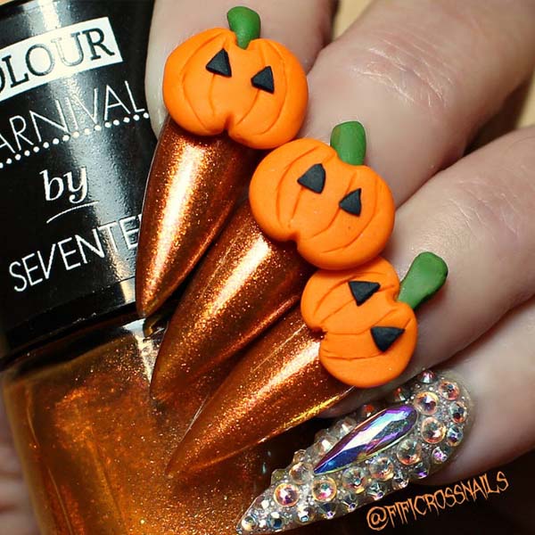 Halloween Nails Ideas With 3D Orange Pumpkin On Orange Shiny Pumpkins #Halloween #nails #trendypins