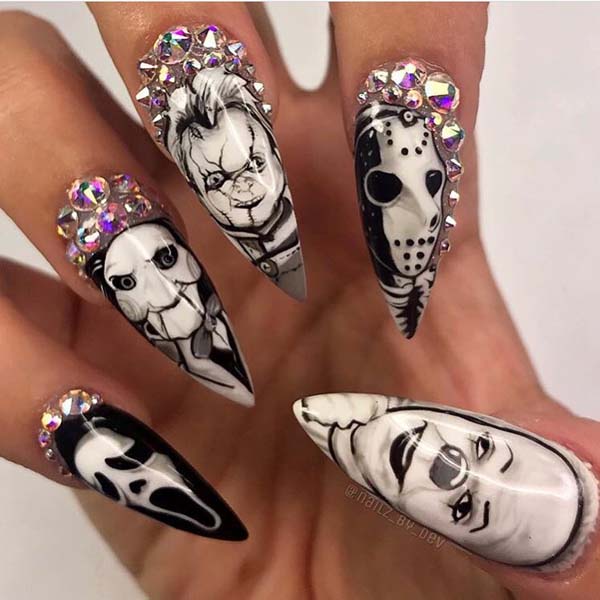 Crazy Faces in a Diamond Frame Nine Inch Halloween Nails #nails #Halloween nails #trendypins