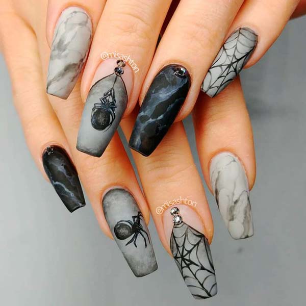 Matte Grey Spider Web Design #nails #Halloween nails #trendypins