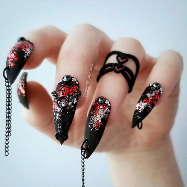 Matte Black Pointed Halloween Nails With Ornaments and Jewelry #nails #Halloween nails #trendypins