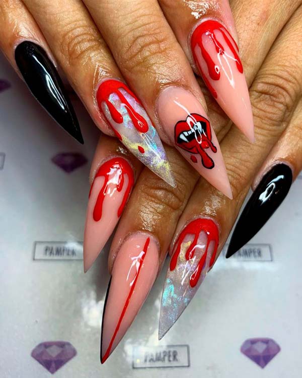 Extravagant Bloody Kiss Pointed Halloween Nails Art Design #nails #Halloween nails #trendypins