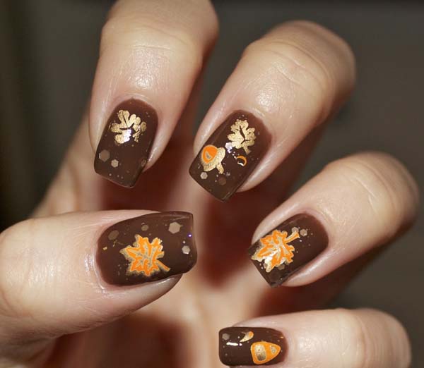 Brown Nail Polish With Golden Fall Leaves #nails #fall nails #beauty #trendypins