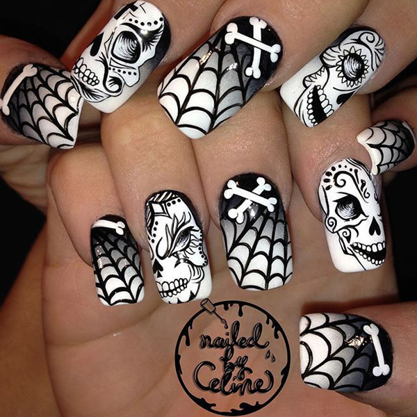 Black and White Halloween Nail Art Design #nails #Halloween nails #trendypins