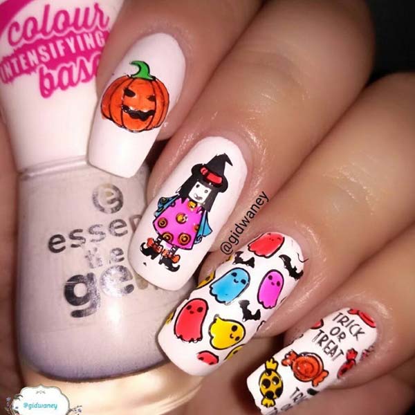 Spooky Halloween Ghost and Witches Colorful Artistic Nails #Halloween #nails #trendypins