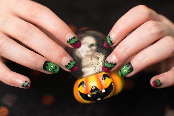 Whimsical Frankenstein Halloween Nails #Halloween #nails #trendypins