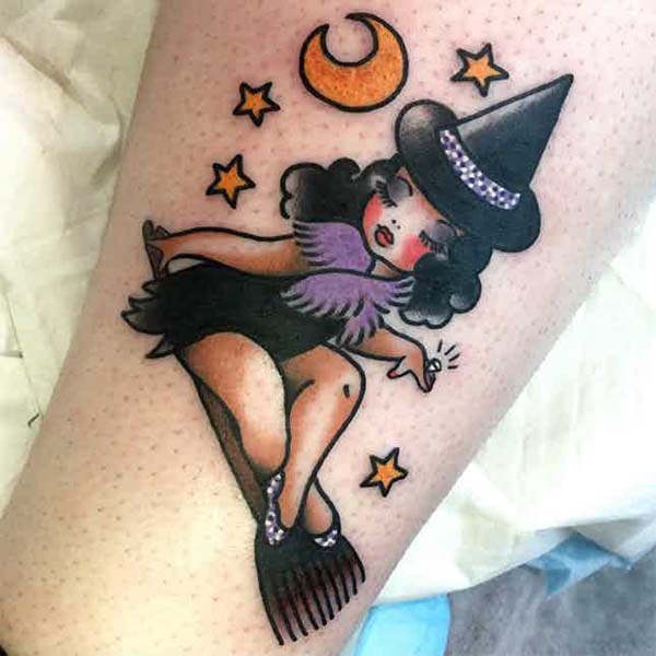 A Sailor Jerry Inspired Witch Tattoo #Halloween #tattoos #trendypins