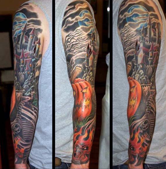 A Sleeve Tattoo of Stairs Leading Towards a Castle With a Jack O'lantern as the Center Piece #Halloween #tattoos #trendypins