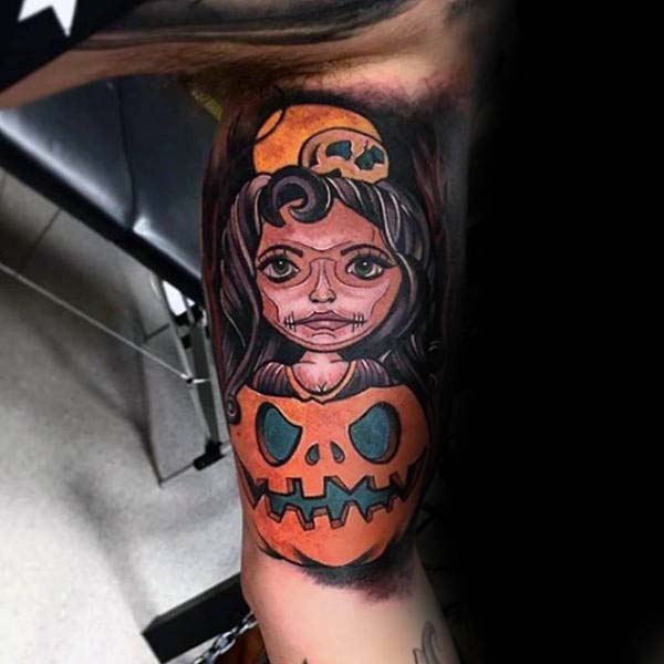 A Wide-eyed Girl Peeking Out of a Jack O'lantern #Halloween #tattoos #trendypins