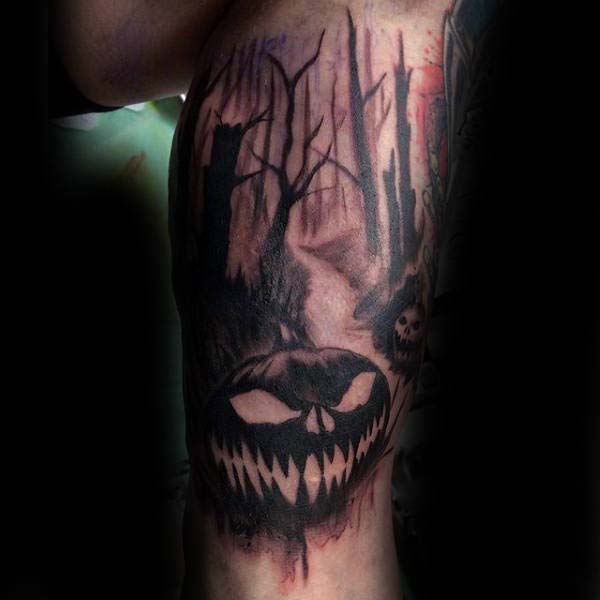 An Shaded Tattoo of a Jack O'lantern #Halloween #tattoos #trendypins