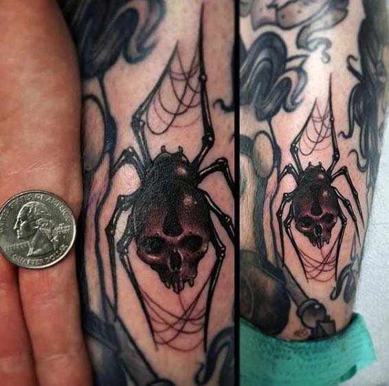 Black Spider With a Skull Head Weaving Red Webs #Halloween #tattoos #trendypins