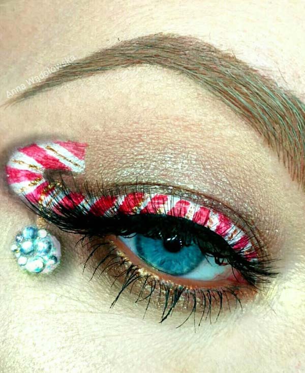 Candy Cane Eyeliner and Rhinestones #Christmas #makeup #beauty #trendypins