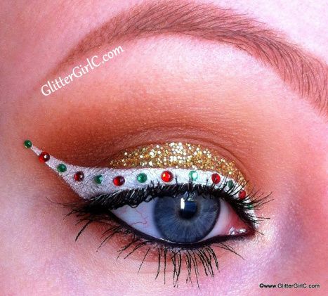 Christmas Colored Rhinestones on White Snow Base and Gold Glitter Shadows #Christmas #makeup #beauty #trendypins