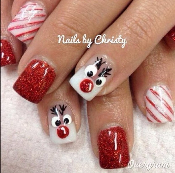 Christmas Reindeer and Red-White Stripes Nails#Christmas #nails #trendypins