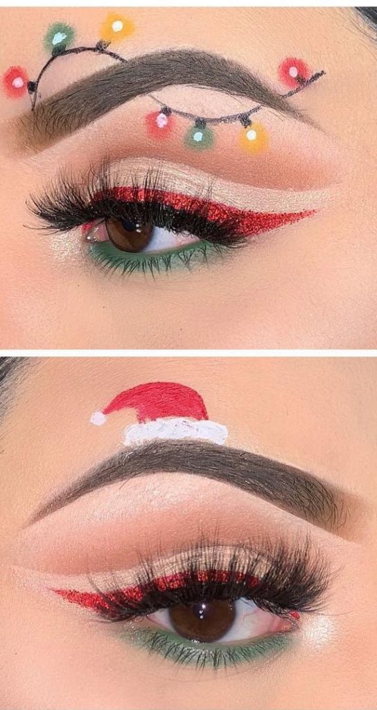 Guirnaldas de luces navideñas y maquillaje con gorro de Papá Noel #Navidad #maquillaje #belleza #trendypins