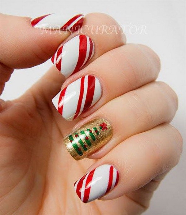 Christmas Tree and Red White Striped Holiday Manicure #Christmas #nails #trendypins