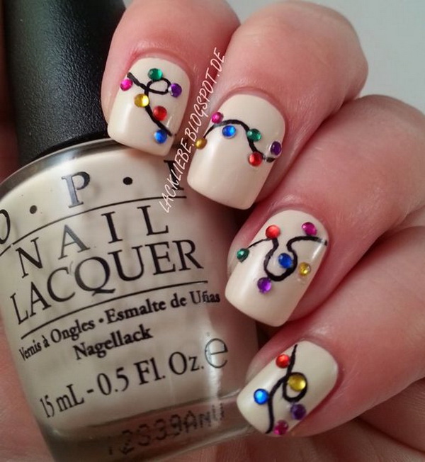 Colorful String Light Christmas Nails on White Base #Christmas #nails #trendypins