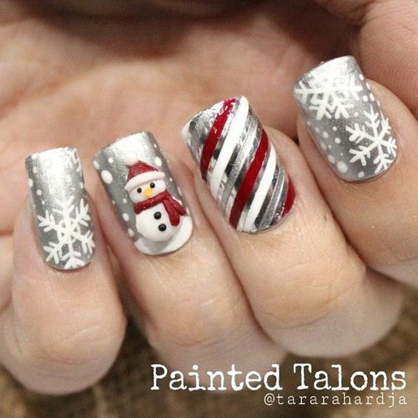 Frosty Snowman on Silver Base Christmas Nails #Christmas #nails #trendypins