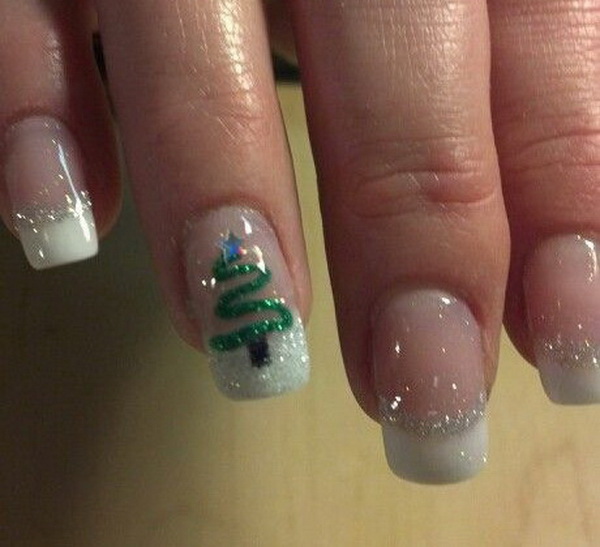 Green Christmas Tree on White Glitter French Manicure #Christmas #nails #trendypins