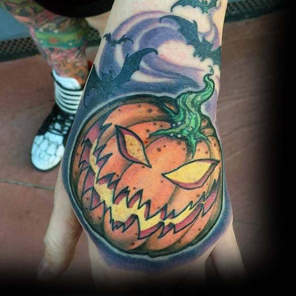 Jack O'lantern Surrounded by Bats and Purple Mist #Halloween #tattoos #trendypins