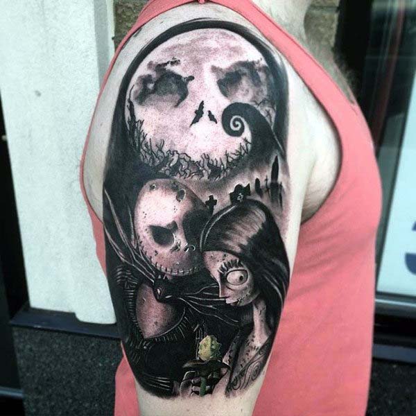 Monochrome Tattoo of Jack and Sally #Halloween #tattoos #trendypins