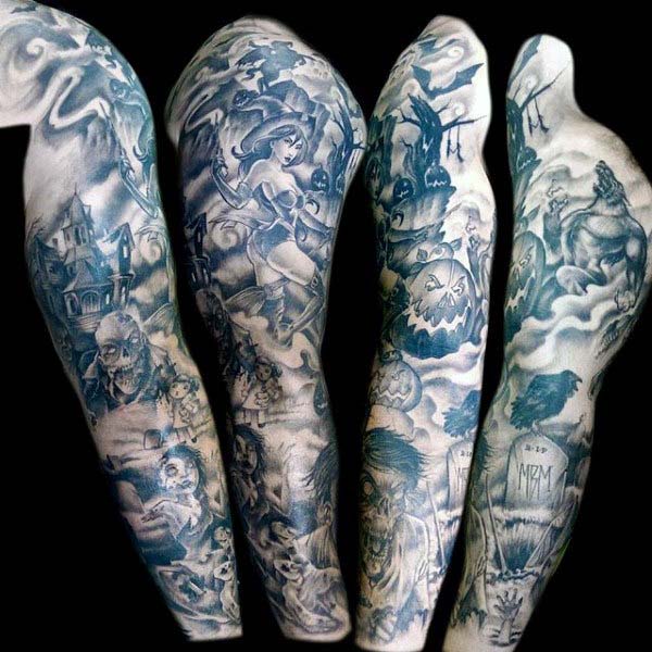 Monochrone-style Halloween Themed Sleeve Tattoo #Halloween #tattoos #trendypins