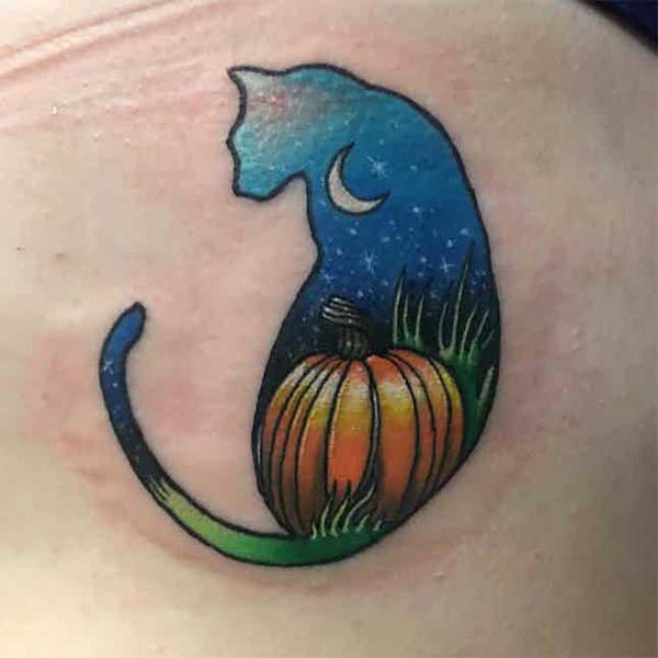 Outline of a Cat, Which Features a Pumpkin Under a Starlit Sky #Halloween #tattoos #trendypins