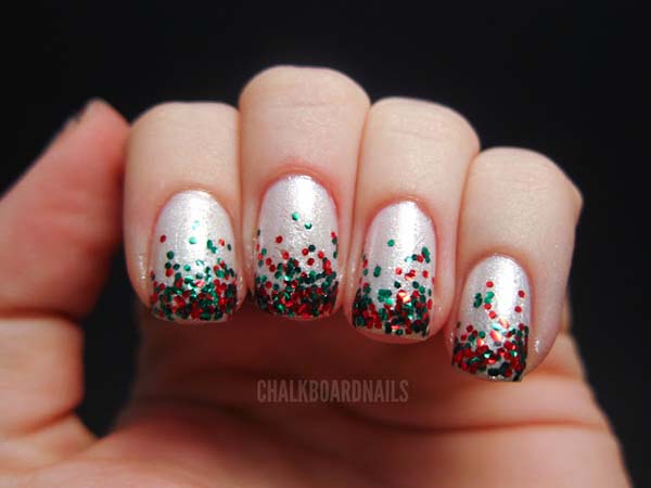 Red and Green Glitter on White Base Christmas Manicure #Christmas #nails #trendypins